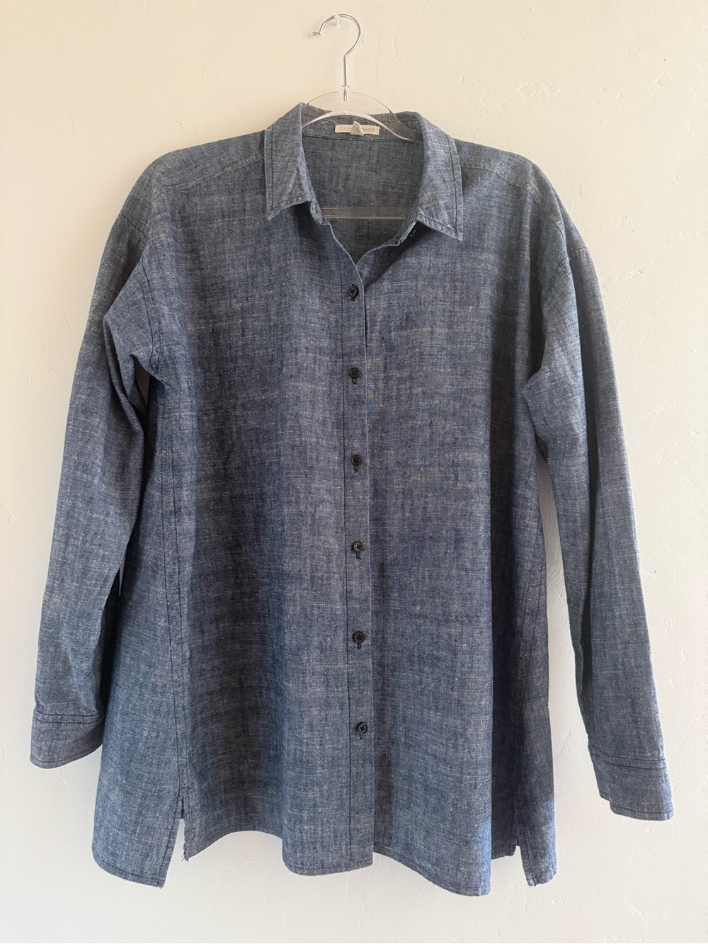 Eileen Fisher Washed Denim Blue Chambray Shirt Button Up Hemp Cotton Size S P